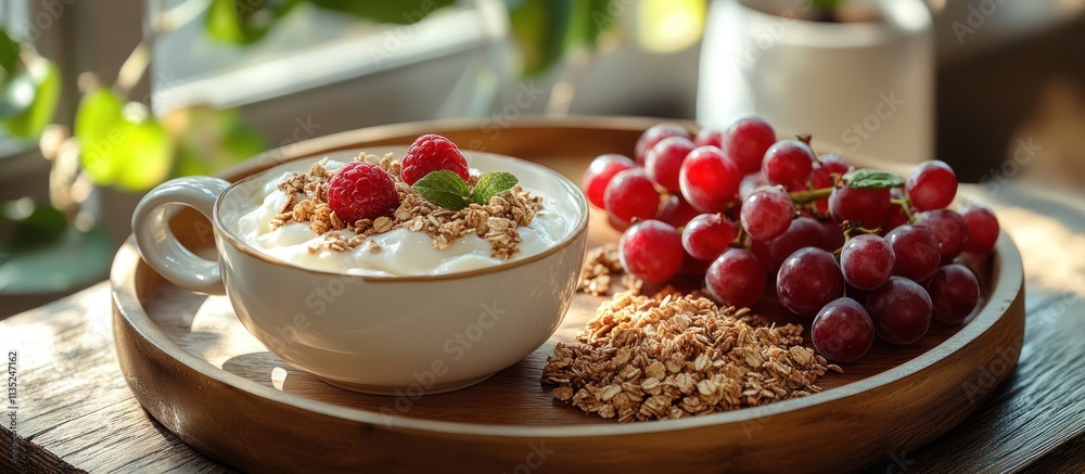 Healthy breakfast yogurt parfait with granola, raspberries, and red grapes on a wooden tray. Healthy breakfast yogurt parfait with granola, raspberries, and red grapes on a wooden tray.