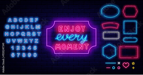 Enjoy your moment neon quote. Live now. Motivational emblem. Shiny blue alphabet. Vector stock illustration