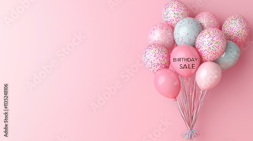 Colorful balloons for birthday celebration and sale offer on a soft pink background, perfect for festive promotions.