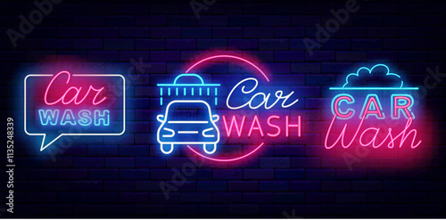 Car wash neon emblems collection. Auto clean service. Glowing labels. Vector stock illustration