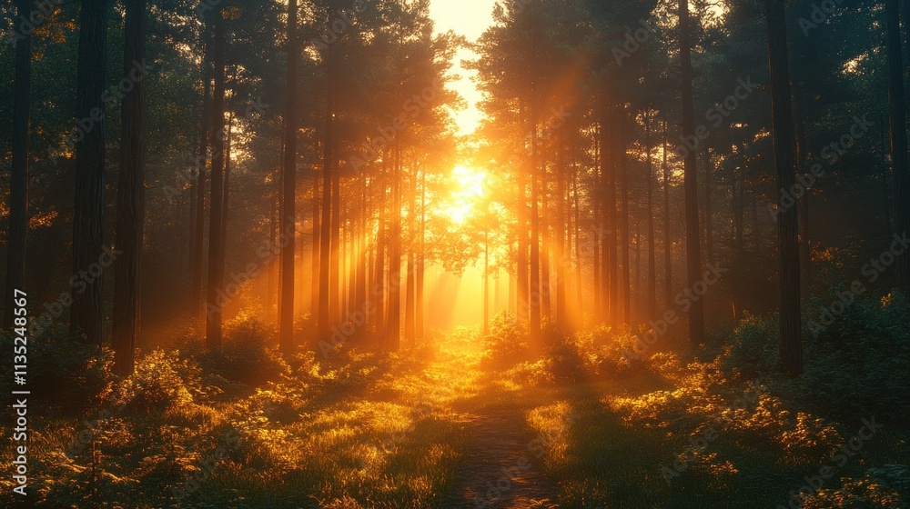 Obraz premium A serene forest scene with sunlight streaming through trees, creating a tranquil atmosphere.