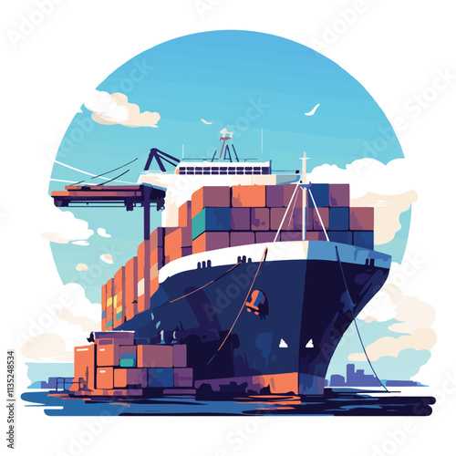 Illustration of a cargo ship in the ocean