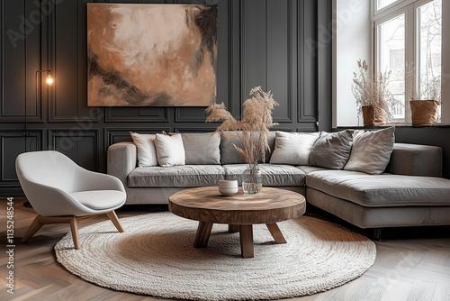 Grey chair and round coffee table near corner sofa against dark grey paneling wall. Scandinavian style home interior design of modern living room. (Multiple values)