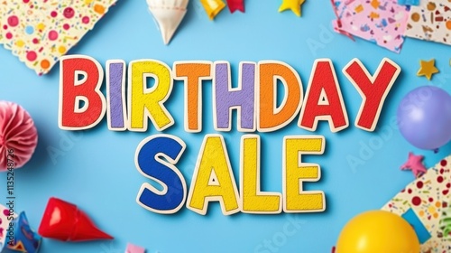 Colorful birthday sale promotional background with festive decorations for celebrations and special events.
