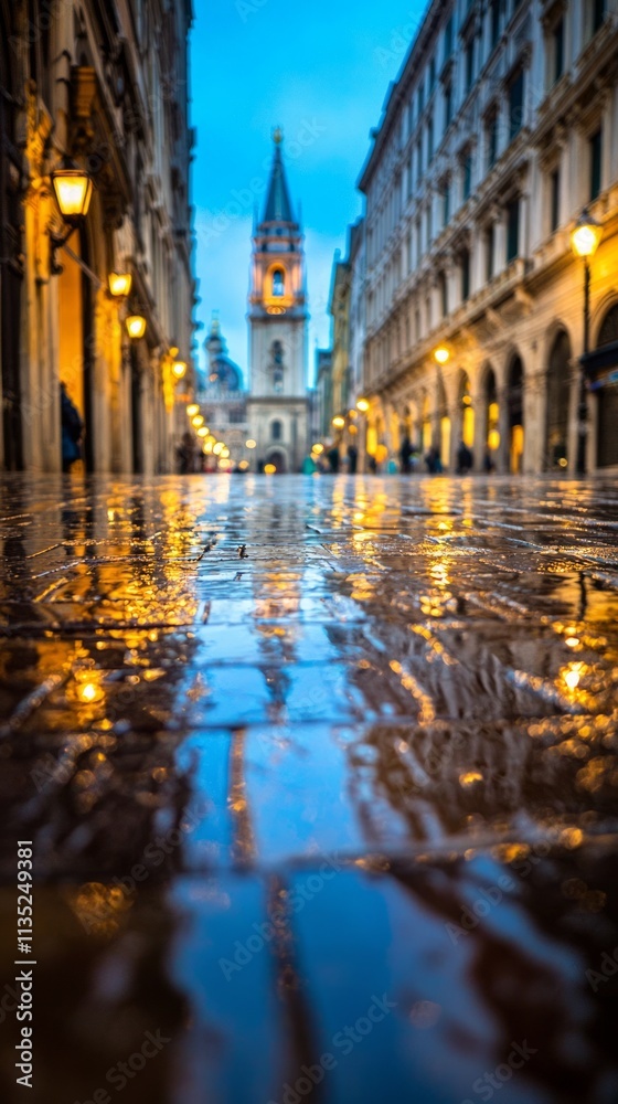 Naklejka premium A rainy street scene with reflections and a clock tower in the background.
