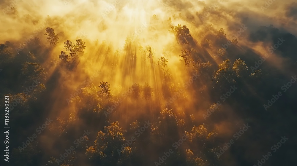 Aerial view of sun rays breaking through morning mist in a forest. Aerial view of sun rays breaking through morning mist in a forest.