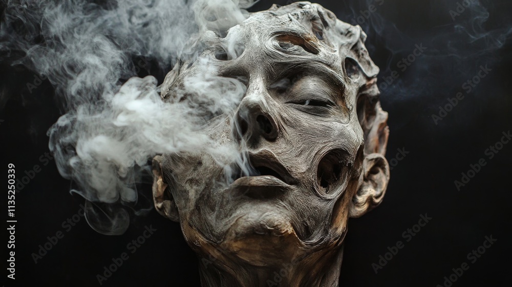 A striking, surreal sculpture depicting a weathered face with intricate details and hollowed sections. Smoky tendrils flow around the face, adding a haunting atmosphere that captivates and evokes A striking, surreal sculpture depicting a weathered face with intricate details and hollowed sections. Smoky tendrils flow around the face, adding a haunting atmosphere that captivates and evokes