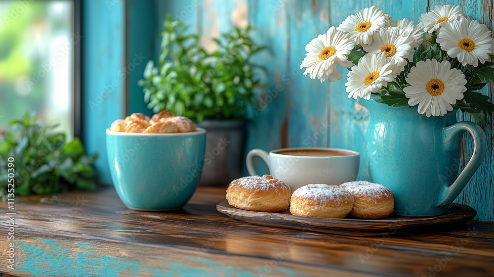 Cozy kitchen corner with fresh pastries, coffee, and flowers on a wooden table. Cozy kitchen corner with fresh pastries, coffee, and flowers on a wooden table.