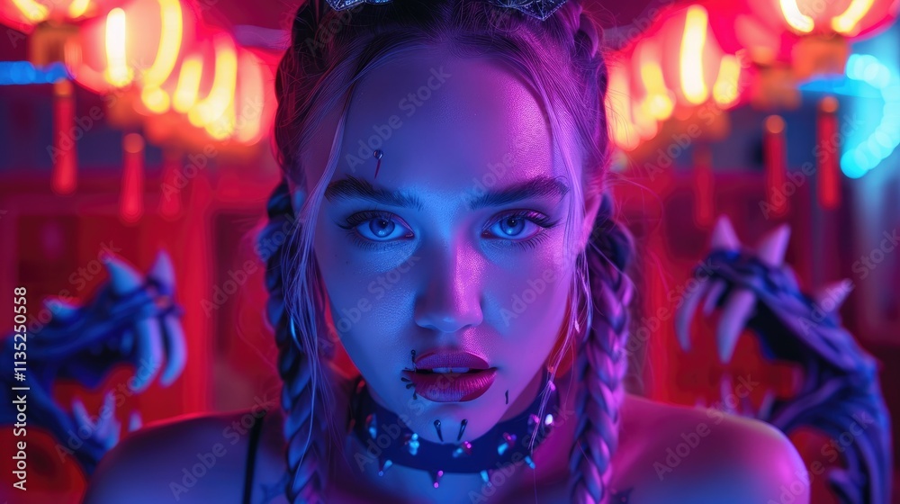 Girl with braids looks fiercely forward in neon light. Girl with braids looks fiercely forward in neon light.