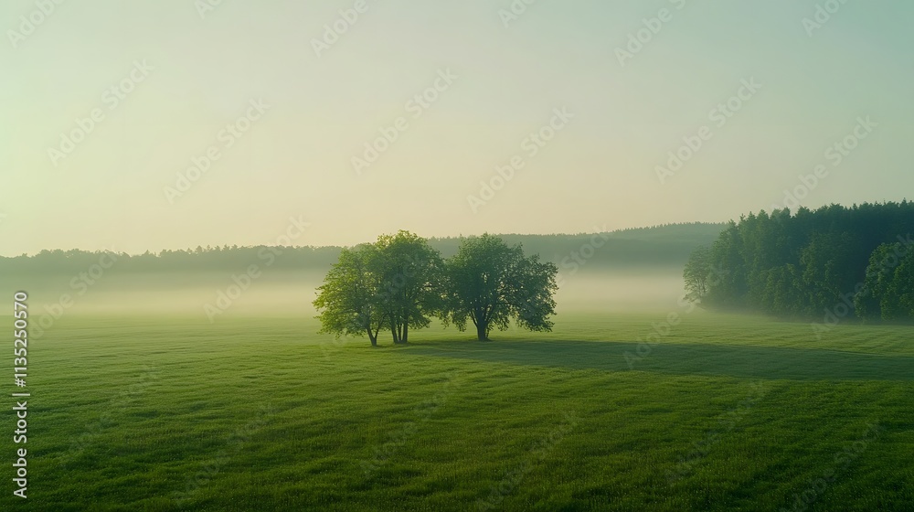 Obraz premium Serene morning light over tranquil meadow with trees and mist at dawn