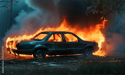 Fiery Inferno Engulfs a Sedan in a Dark, Smoky Setting photo