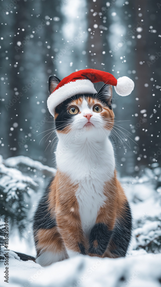 Cute calico cat wearing Santa hat in snowfall, festive winter scene Cute calico cat wearing Santa hat in snowfall, festive winter scene