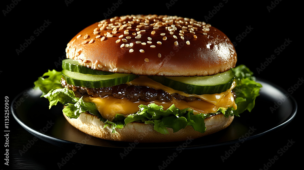 Delicious cheese burger with lettuce and cucumber on a platehigh quality image Delicious cheese burger with lettuce and cucumber on a platehigh quality image