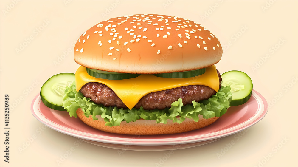 Delicious cheese burger with lettuce and cucumber on a plate Delicious cheese burger with lettuce and cucumber on a plate
