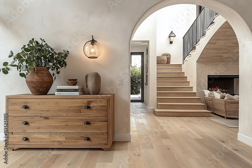 Wooden cabinet near venetian stucco wall with arched doorway Mediterranean interior design of modern entrance hall with staircase. photo