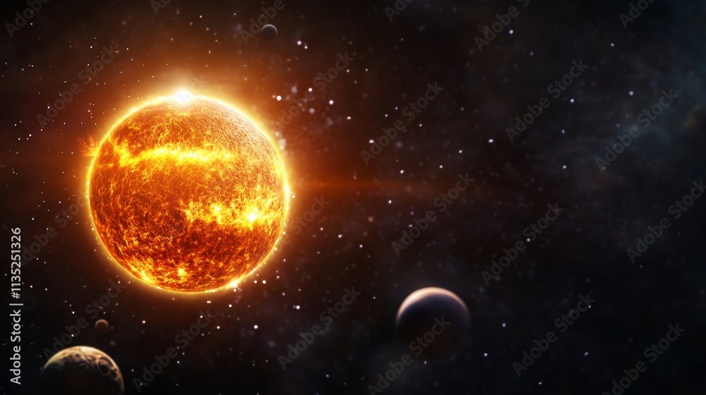 Fiery Star and Planets in Space - Cosmic scene, fiery star, orbiting planets, space dust, stellar energy. Symbolizes power, creation, vastness, mystery, and energy. Fiery Star and Planets in Space - Cosmic scene, fiery star, orbiting planets, space dust, stellar energy. Symbolizes power, creation, vastness, mystery, and energy.