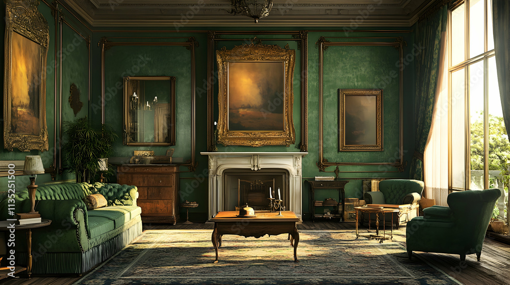 Drawing room interior in green and natural antique color tones Drawing room interior in green and natural antique color tones