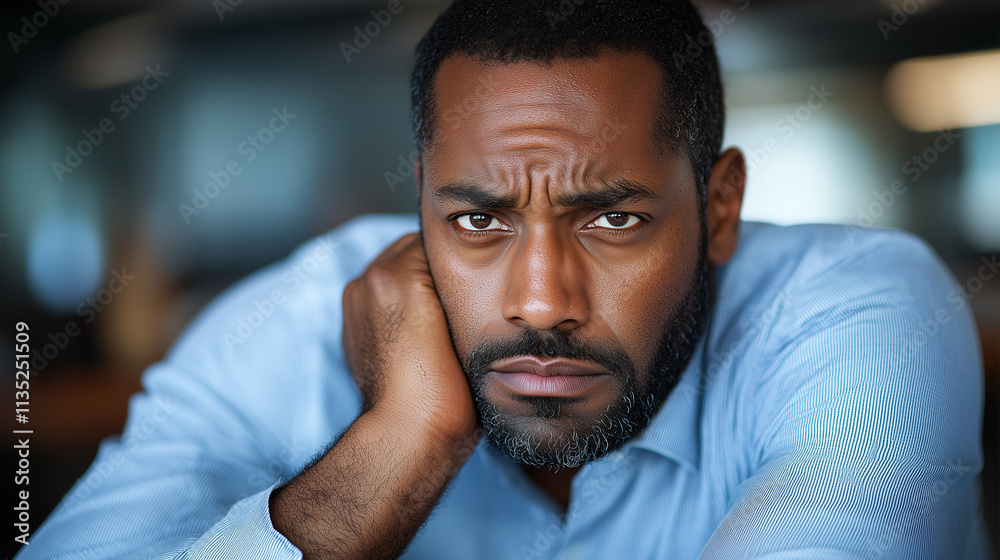 Fototapeta premium Stressed Sick African American Employee Man.