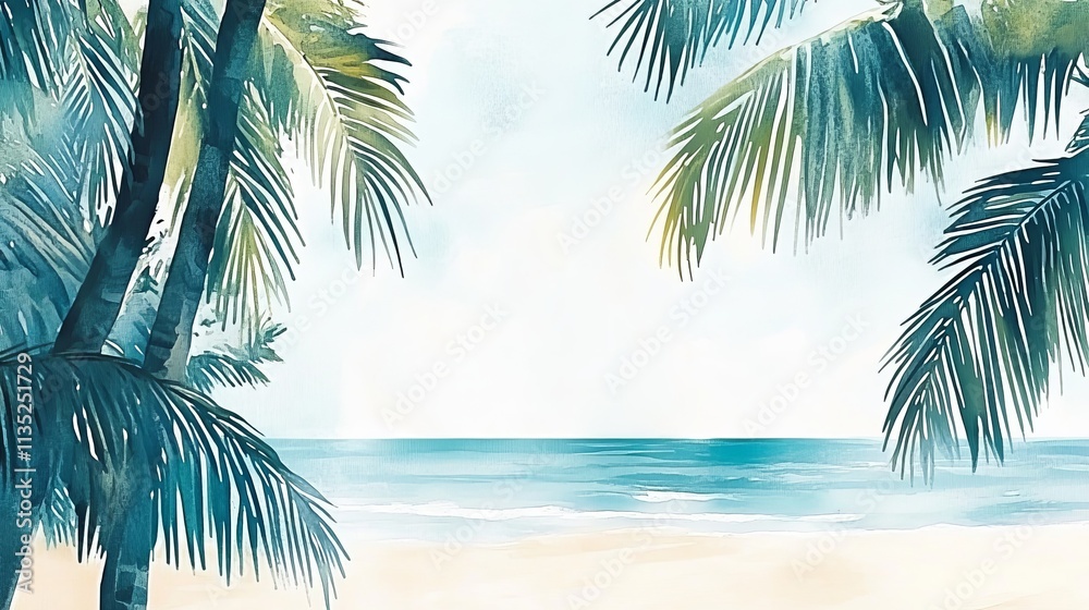 Naklejka premium Watercolor Palm Beach Seascape Teal and Beige Tones, Abstract Composition, Tropical Summer Concept Beach art, Watercolor painting