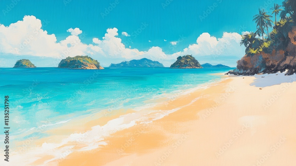 Tropical Seascape Impasto Beach Scene with Islands, Beach Art, Landscape Painting, Summer Vacation beach art, tropical landscape