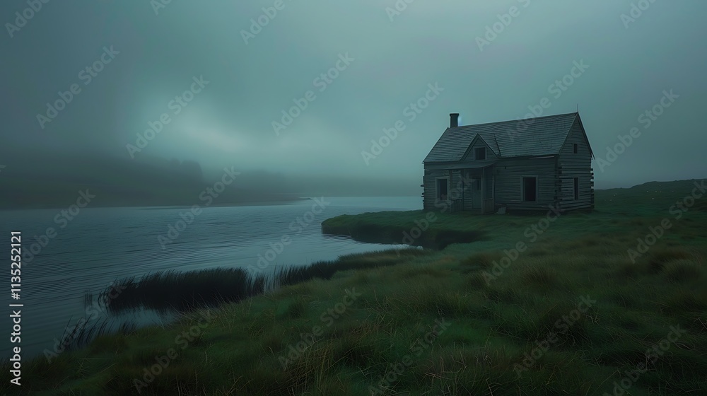 abandoned house on a green pasture surrounded by a dark lake on a cloudy day with a gloomy atmosphere abandoned house on a green pasture surrounded by a dark lake on a cloudy day with a gloomy atmosphere