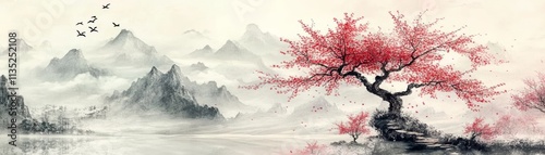 Serene Red Blossom Tree and Misty Mountains Ink Wash Painting, Landscape Art, Asian Art East Asian Painting, Ink Wash Painting