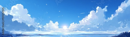 Serene Seascape Painterly Clouds, Calm Ocean, Sunset, Digital Art, Landscape Painting, Blue Sky Keywords Seascape, Digital painting