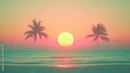Pastel Sunset Beach Scene Two Palm Trees, Ocean, Sunrise Composition, Beach, Tropical Sunset, Palm Trees