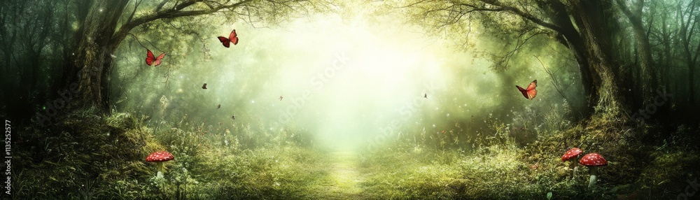 Obraz premium Enchanted Forest Path Digital Painting of Mystical Woods, Butterflies, Mushrooms, Fantasy Landscape, Digital Art Fantasy art, digital painting