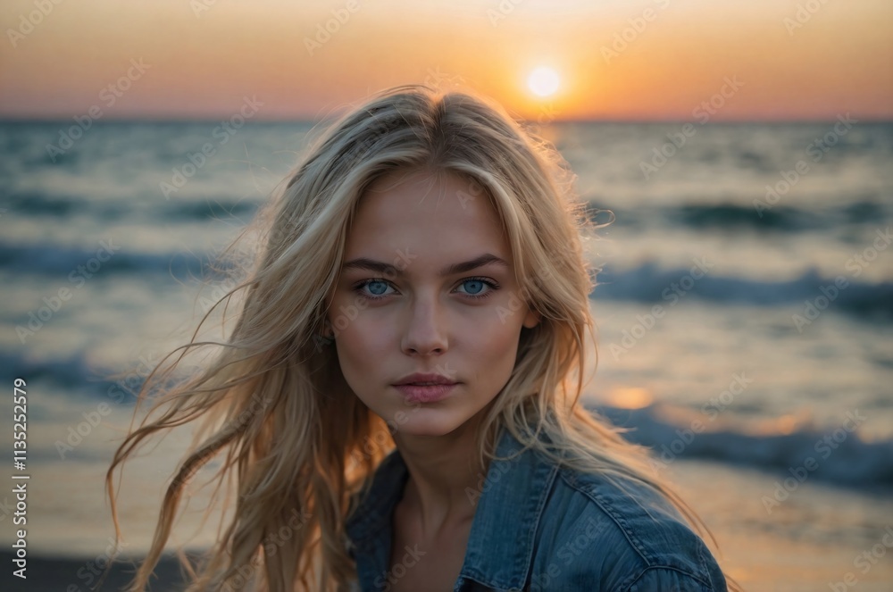 Beautiful blue-eyed young woman on the beach by the sea at sunset. Beautiful blue-eyed young woman on the beach by the sea at sunset.