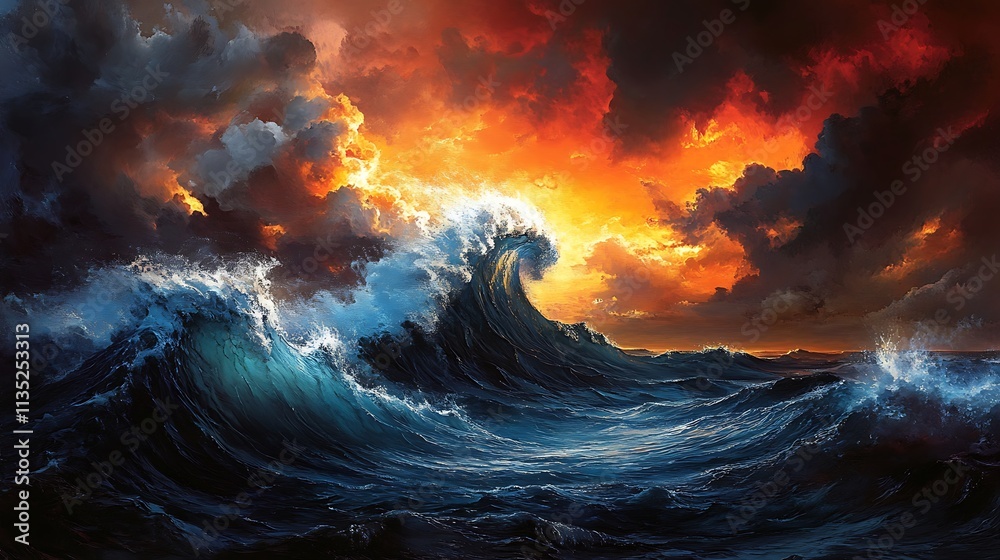 Fototapeta premium Dramatic ocean waves crashing under a fiery, stormy sunset sky.