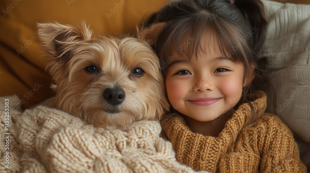 Child and pet cuddling on a sofa with a cozy, knitted blanket. Child and pet cuddling on a sofa with a cozy, knitted blanket.