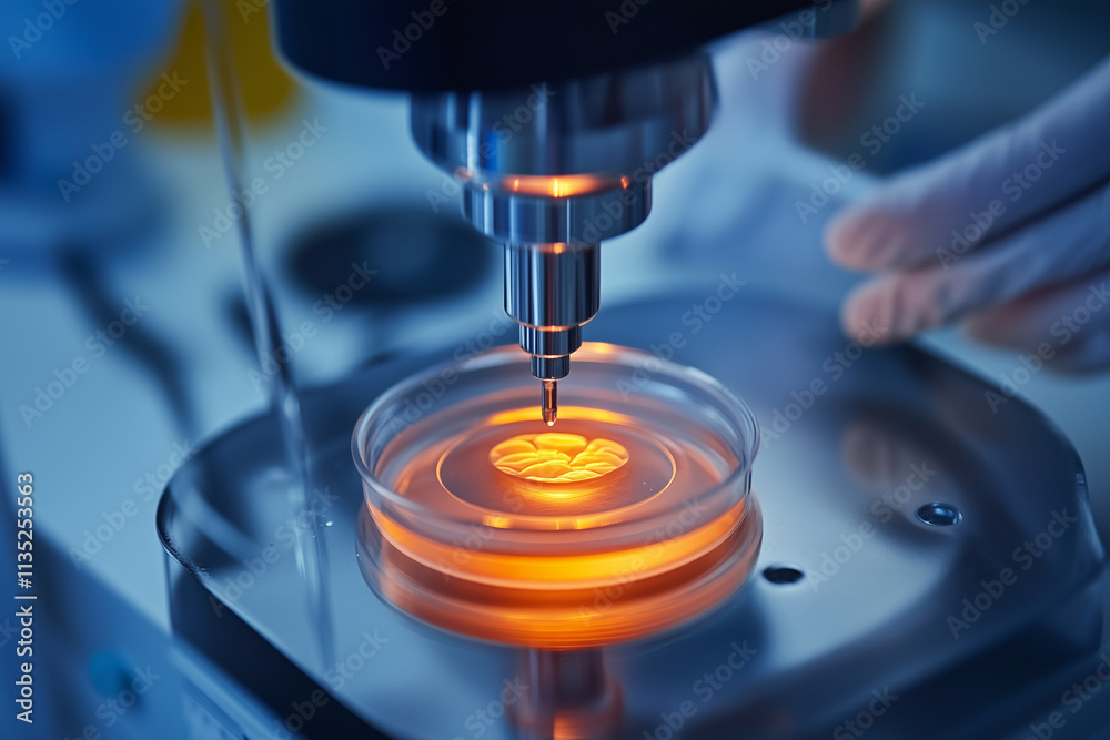 Embryo transfer procedure in a medical lab with precise equipment and glowing culture dish at a reproductive health clinic Embryo transfer procedure in a medical lab with precise equipment and glowing culture dish at a reproductive health clinic