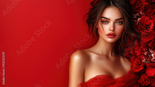 A model with soft makeup showcases her beauty, surrounded by lush red roses against a bright red backdrop. The atmosphere exudes elegance and sophistication, perfect for a fashion editorial.