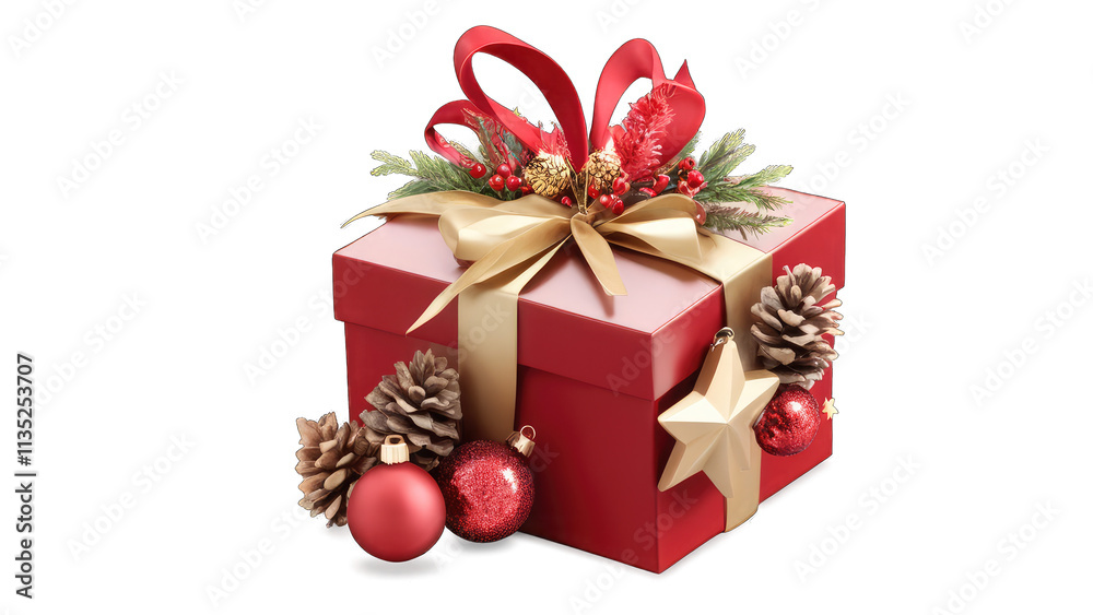 Red Christmas gift box with gold ribbon, pine cones, and ornaments. Red Christmas gift box with gold ribbon, pine cones, and ornaments.