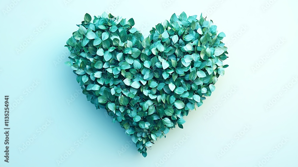 Green leaves arranged in heart shape on light blue background. Green leaves arranged in heart shape on light blue background.