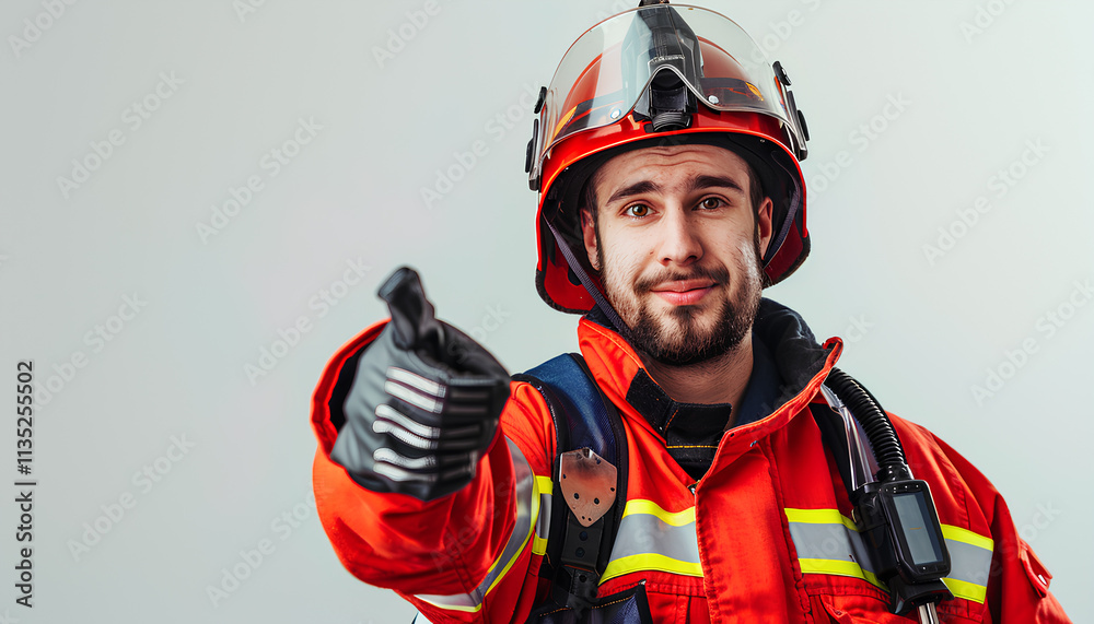 Pointing. Studio portrait of male firefighter dressed in uniform and an oxygen mask over white background. Concept of different professions and unusual people Pointing. Studio portrait of male firefighter dressed in uniform and an oxygen mask over white background. Concept of different professions and unusual people
