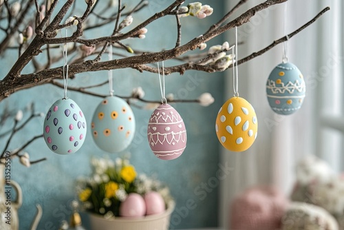 Handcrafted Easter ornaments hanging on a tree branch in a cozy interior photo