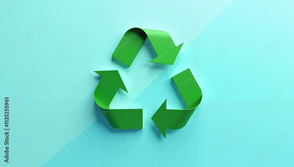 Recycling symbol in green on a fresh blue background, minimalist design Recycling symbol in green on a fresh blue background, minimalist design