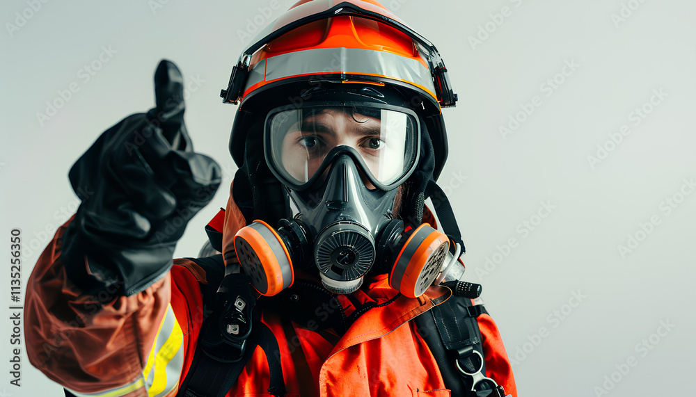 Pointing. Studio portrait of male firefighter dressed in uniform and an oxygen mask over white background. Concept of different professions and unusual people Pointing. Studio portrait of male firefighter dressed in uniform and an oxygen mask over white background. Concept of different professions and unusual people