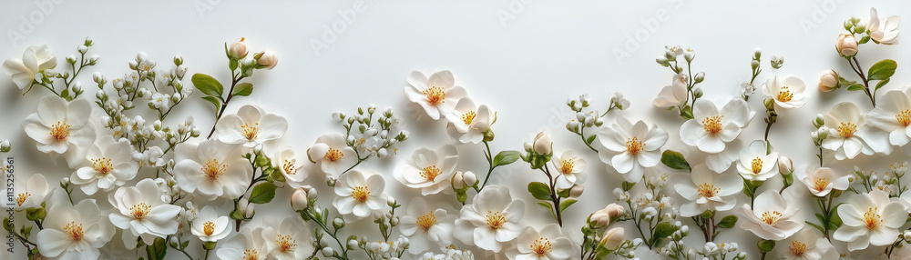 Obraz premium Many Small White Flowers with Abundant Buds in a Fresh Spring Flat Lay