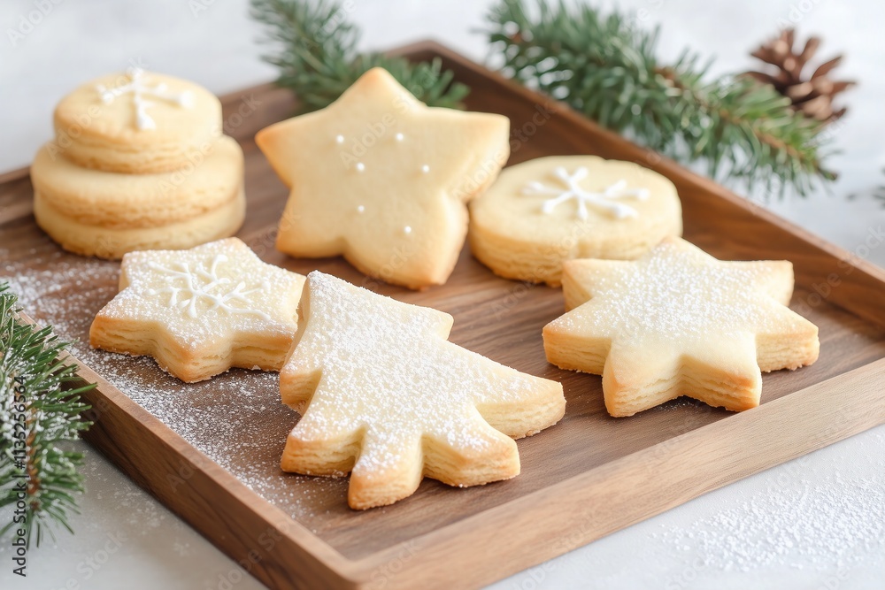 shortbread cookies in festive shapes like stars and trees, decorated with minimal white icing details shortbread cookies in festive shapes like stars and trees, decorated with minimal white icing details