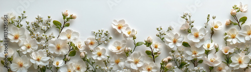Many Small White Flowers with Abundant Buds in a Fresh Spring Flat Lay
