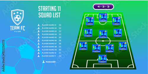 modern football game plan formation board. starting eleven illustration. Football graphic for soccer starting lineup squad, Soccer line up, Football starting XI.