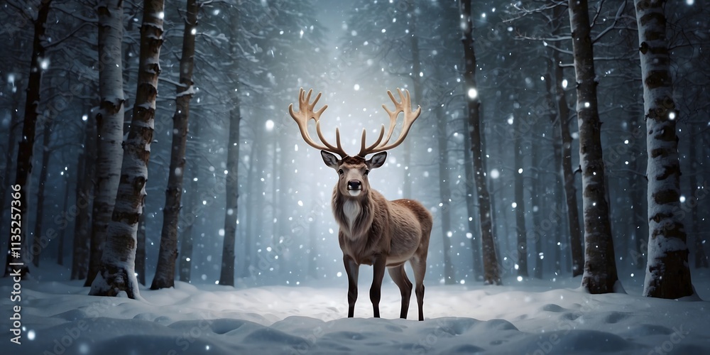 Christmas banner with magical scene of a reindeer in center in snowy forest with Christmas trees with lights and stars with copy space
