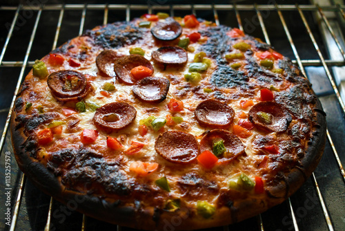 Burnt pizza. Pizza fail on metal grill. Cooking fails.