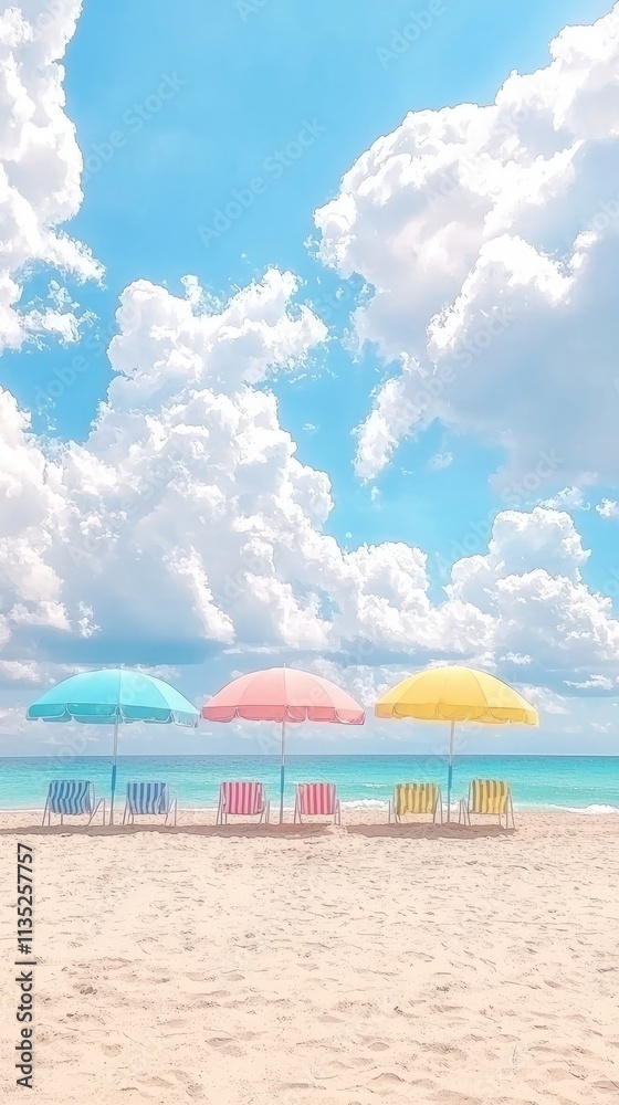 Fototapeta premium A serene beach scene with colorful umbrellas and a bright sky.