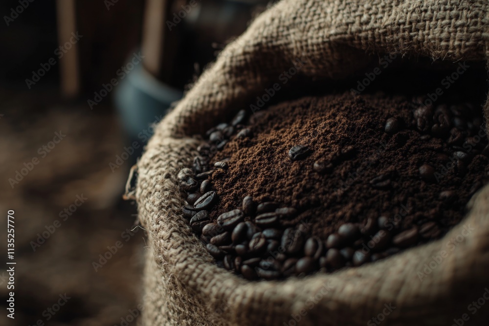 Rich Coffee Beans and Ground in a Burlap Bag