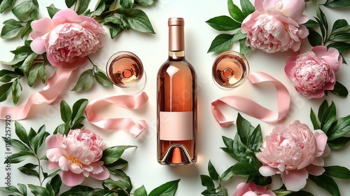 Beautiful arrangement of rose wine bottle with glasses and peonies in soft pa...