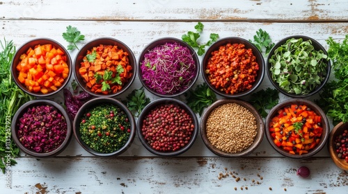 Colorful arrangement of fresh vegetables and herbs in bowls on a wooden surface